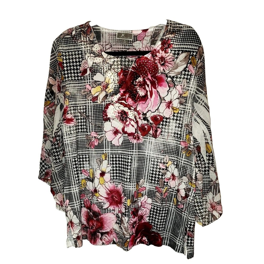 JM Collection Pink And Black XL Blouse Floral Pattern Shirt 3/4 Sleeve Top